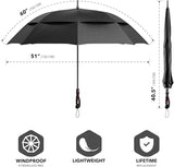 The Golf Oversized Umbrella in Black is shown in its open and closed/wrapped states. This photo represents the size guide. The open umbrella has labels showing a 60" (152cm) canopy and a 51" (132cm) width. 
On the closed and wrapped umbrella to the right, a label denotes a 40.5" (103cm) height.