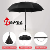 The black Repel reverse umbrella is shown open beside to the right of the Repel logo. On the bottom there are three images: to the left the semi closed umbrella that says "Reverse Fold Technology," in the middle, the open umbrella that says "Large Coverage Area," to the right, the umbrella in its sleeve that says "Compact & Portable."