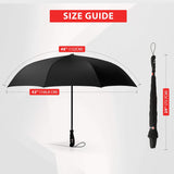 The Reverse Umbrella in Black is shown in its open and closed/wrapped states. This photo represents the size guide. The open umbrella has labels showing a 48" (122cm) canopy and a 42" (106.8cm) width. 
On the closed and wrapped umbrella to the right, a label denotes a 29" (73.7cm) height.
