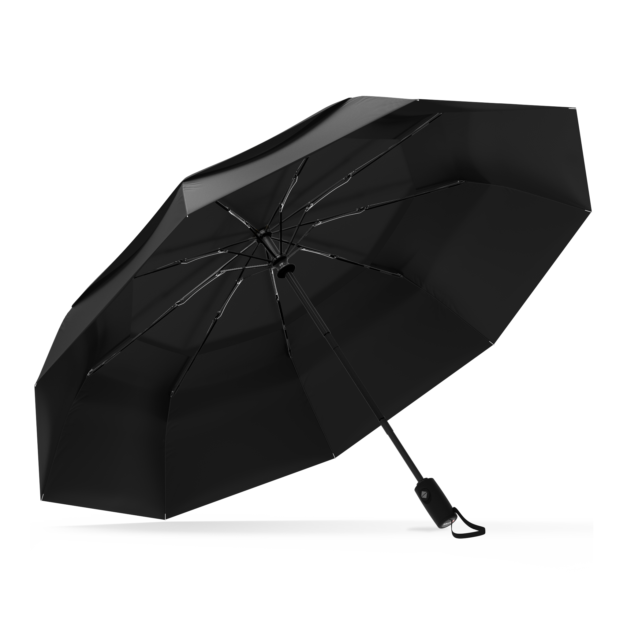 The Black Top Best-Selling Windproof Compact Travel Umbrella is pictured on it's own, open and leaning to the left.