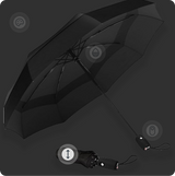 An image of a black umbrella open and one that is closed. There are 4 icons on the image portraying different aspects of the umbrella with the compactness icon highlighted.